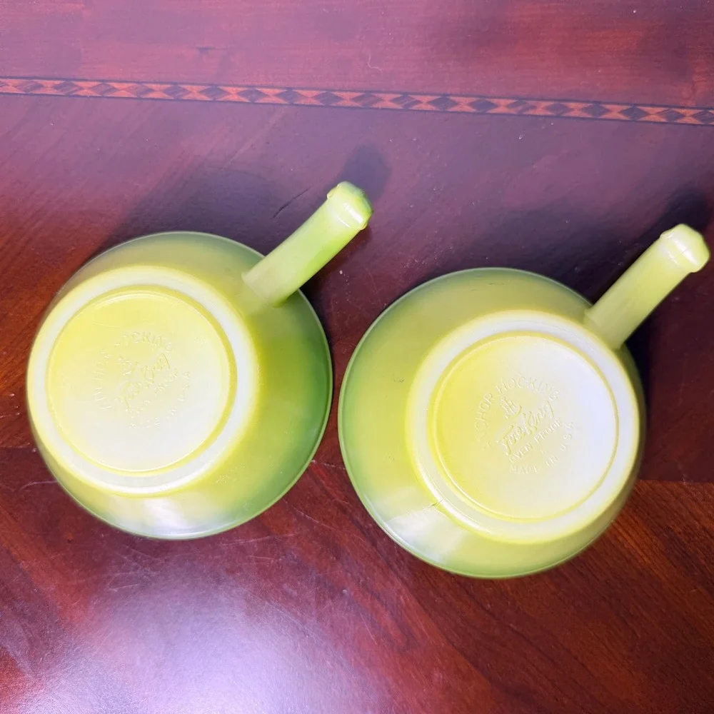 Vintage Fire King Green Ombre Handled Soup Bowls Set of 2 1960s Anchor Hocking